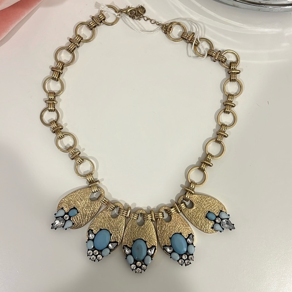 Lydell NYC Gold Tone Blue Crystal Flower bib Statement Necklace - Picture 4 of 5